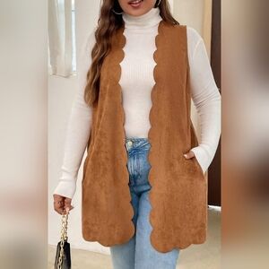* SHEIN LUNE Women's Scallop Trim Open Front Suedette Vest Coffee Brown Size 14